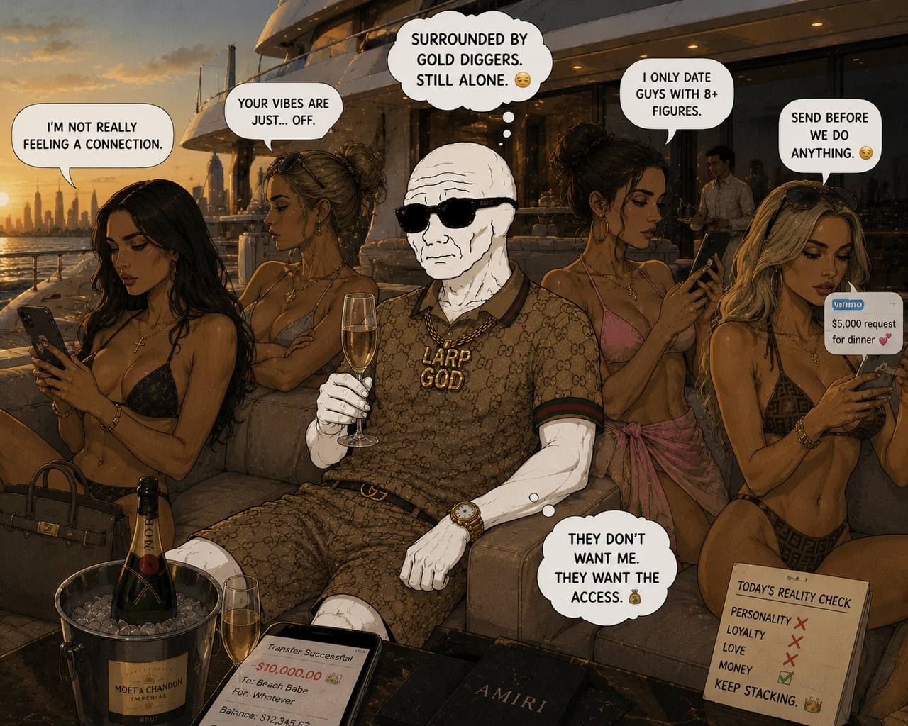 LARPGOD alone on a yacht surrounded by people on phones.